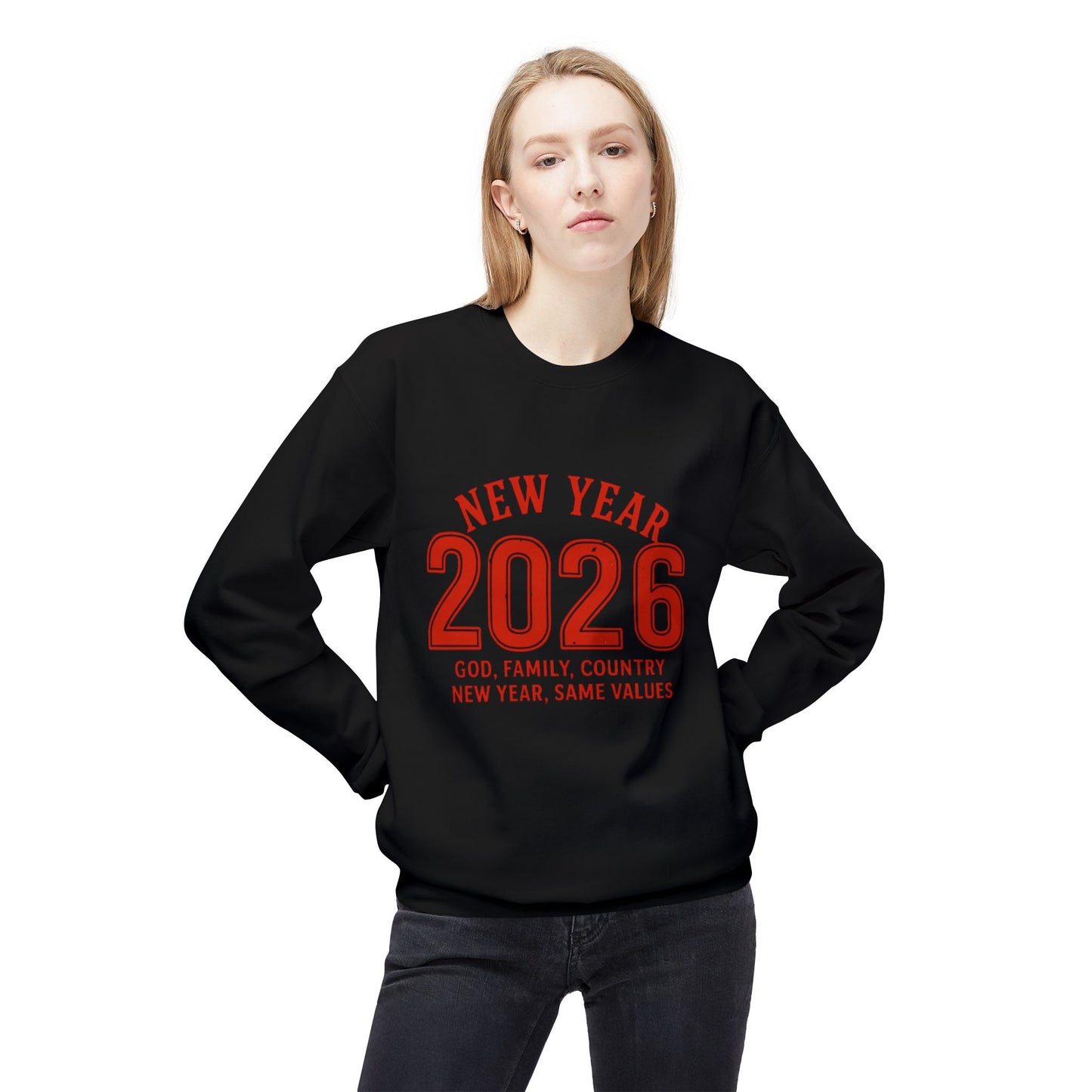 2026 New Year Crewneck Sweatshirt — "God, Family, Country" Holiday Pullover