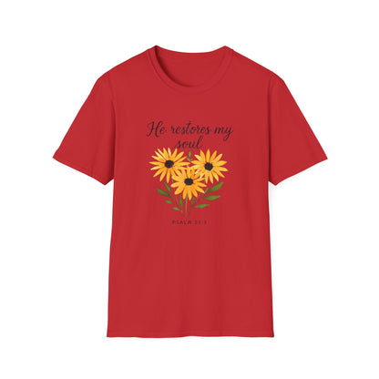 Floral Inspirational T-Shirt - He Restores My Soul, Thoughtful Gift for Comfort, Faith Apparel, Religious Wear, Everyday Inspiration