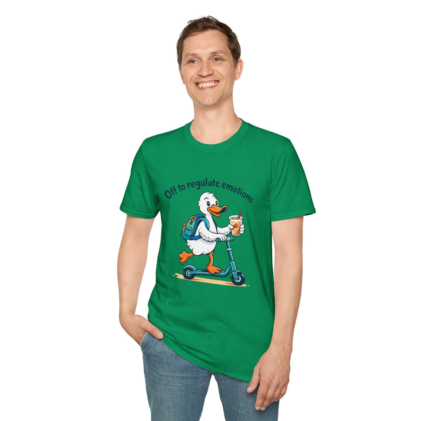 Duck on Scooter T-Shirt — "Off to regulate emotions" Cute Mental Health Tee