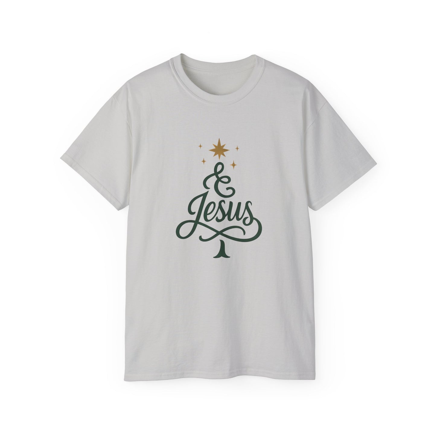 Christmas & Jesus T‑Shirt — Faith Holiday Tee with Star Tree Design