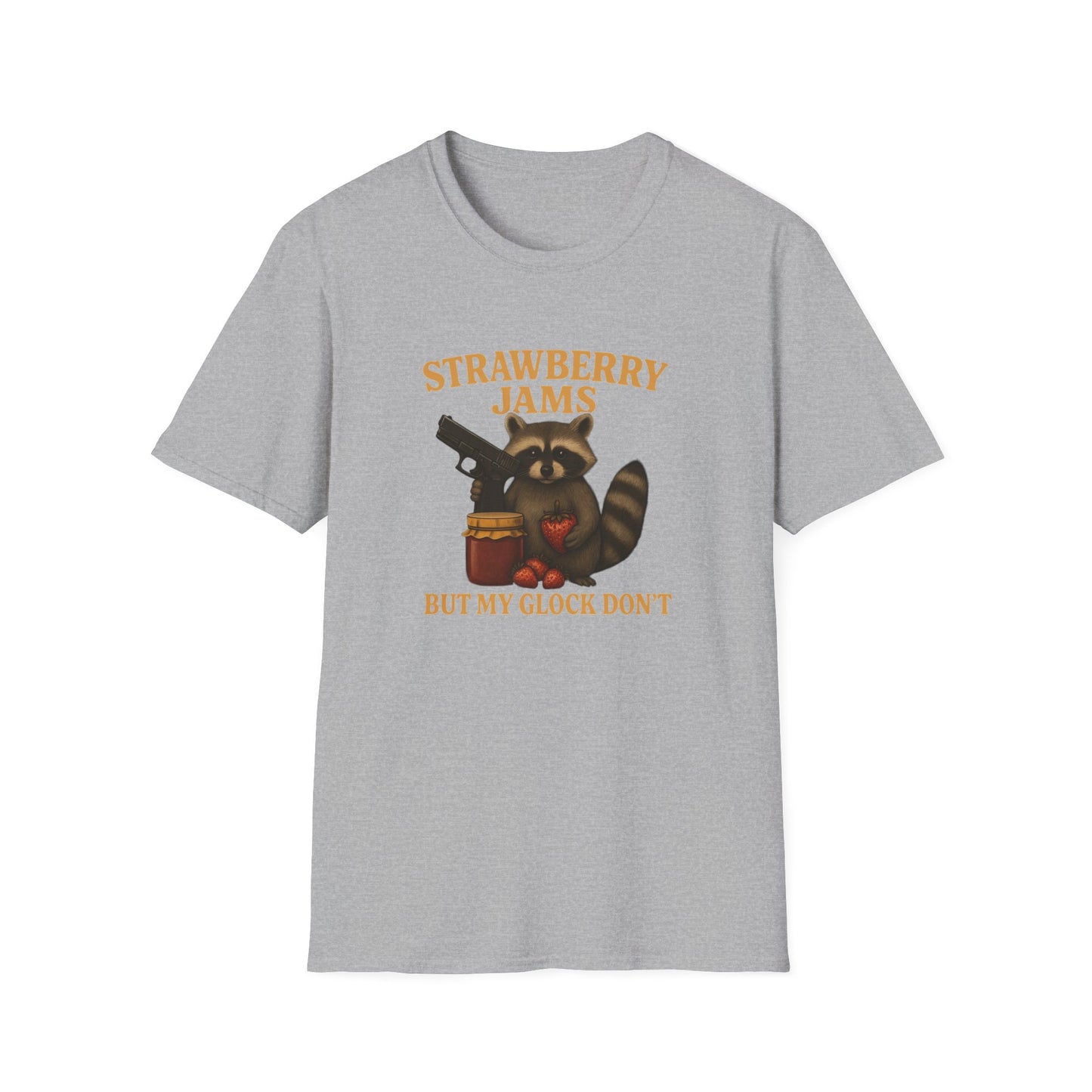 Strawberry Jams But My Glock Don’t T-Shirt — Raccoon Graphic Gun Humor Tee