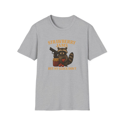 Strawberry Jams But My Glock Don’t T-Shirt — Raccoon Graphic Gun Humor Tee