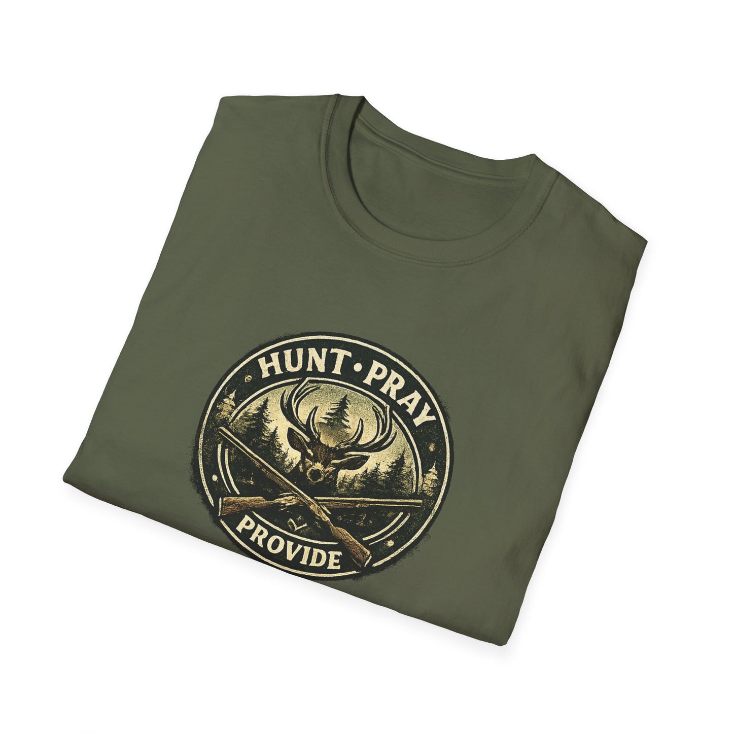Hunt Pray Provide T‑Shirt — 1 Timothy 5:8 Hunting Faith Tee