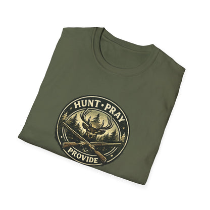 Hunt Pray Provide T‑Shirt — 1 Timothy 5:8 Hunting Faith Tee
