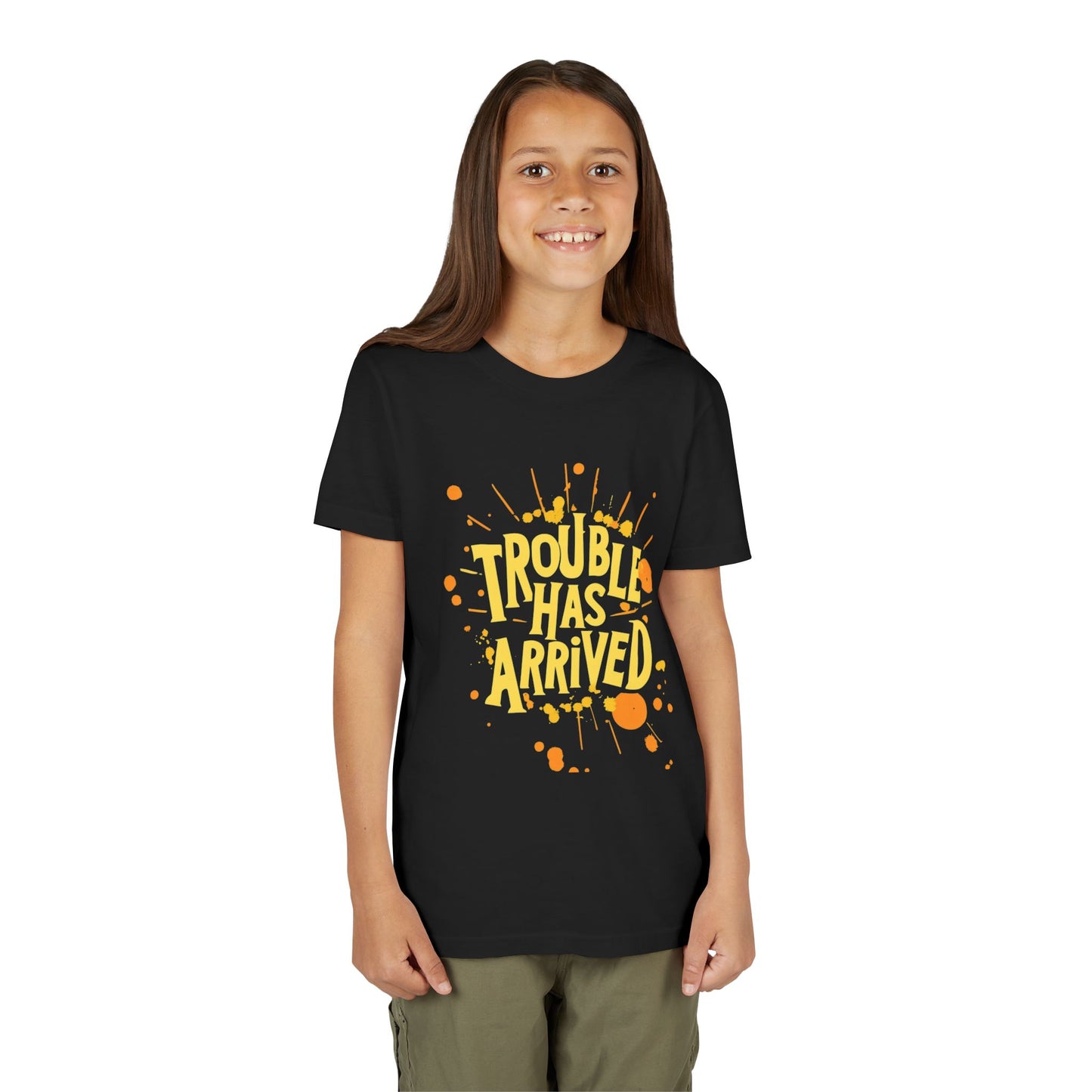 Youth Tee: "Trouble Has Arrived" - Fun, Playful Shirt for Kids, Perfect for Birthdays, Parties, Summer, Everyday Wear, Gift Ideas