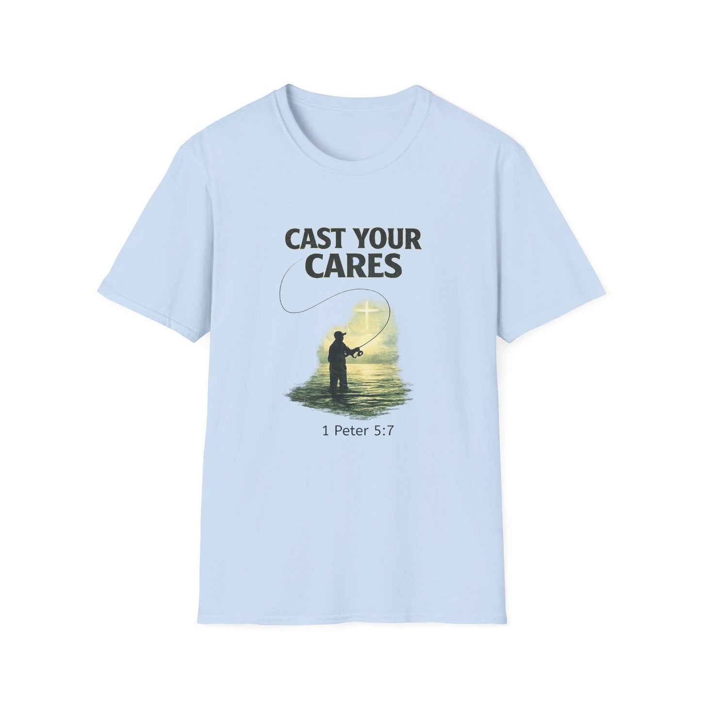 Cast Your Cares T-Shirt – Fishing Christian Graphic (1 Peter 5:7)