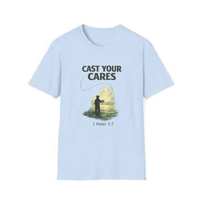 Cast Your Cares T-Shirt – Fishing Christian Graphic (1 Peter 5:7)