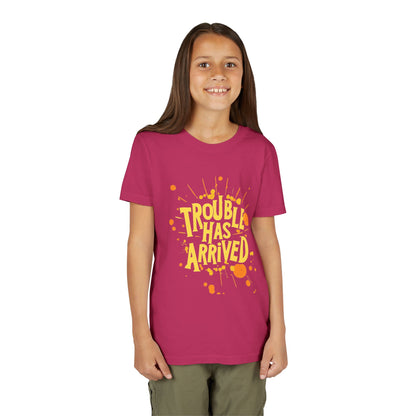 Youth Tee: "Trouble Has Arrived" - Fun, Playful Shirt for Kids, Perfect for Birthdays, Parties, Summer, Everyday Wear, Gift Ideas
