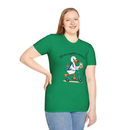 Duck on Scooter T-Shirt — "Off to regulate emotions" Cute Mental Health Tee