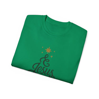 Christmas & Jesus T‑Shirt — Faith Holiday Tee with Star Tree Design