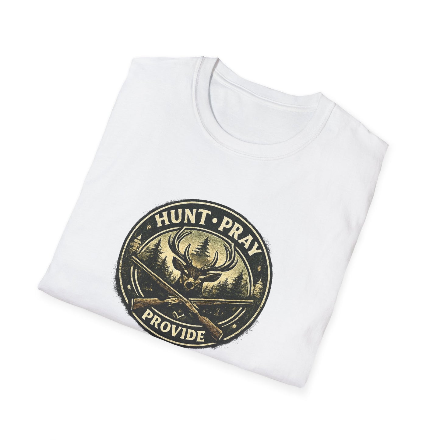 Hunt Pray Provide T‑Shirt — 1 Timothy 5:8 Hunting Faith Tee