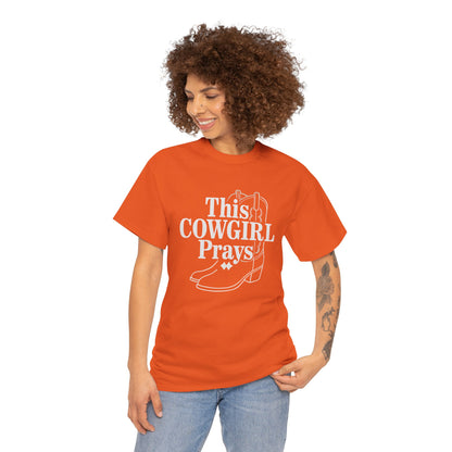 This Cowgirl Prays Unisex Heavy Cotton Tee, Western T-Shirt, Gift for Cowgirls, Rodeo Apparel, Faith-Based Fashion, Country Style Top