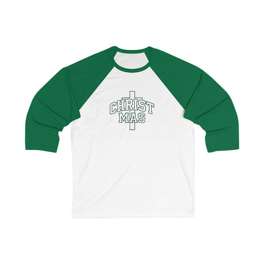 Christmas Cross Baseball Tee — Faith-Based Holiday Raglan