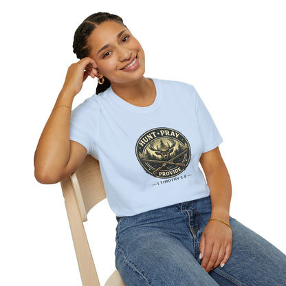 Hunt Pray Provide T‑Shirt — 1 Timothy 5:8 Hunting Faith Tee