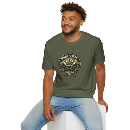 Hunt Pray Provide T‑Shirt — 1 Timothy 5:8 Hunting Faith Tee