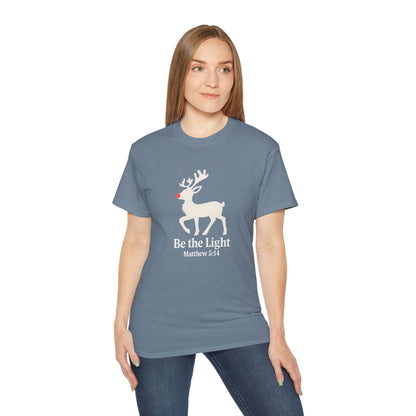 Be the Light Christmas Tee — Reindeer with Matthew 5:14 Holiday T-Shirt