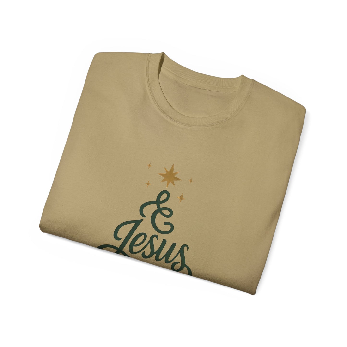 Christmas & Jesus T‑Shirt — Faith Holiday Tee with Star Tree Design