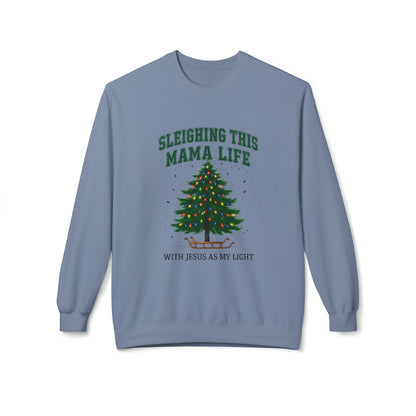 Sleighing This Mama Life Sweatshirt — Christmas Tree & “With Jesus Is My Light” Holiday Crewneck