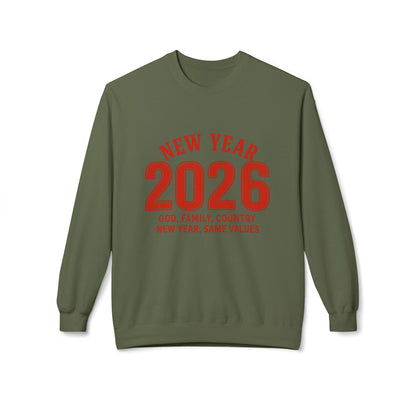 2026 New Year Crewneck Sweatshirt — "God, Family, Country" Holiday Pullover