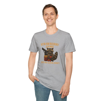 Strawberry Jams But My Glock Don’t T-Shirt — Raccoon Graphic Gun Humor Tee