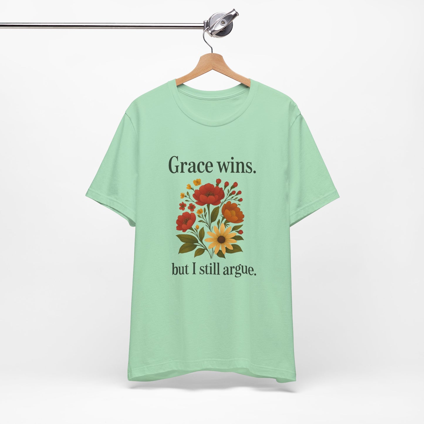 Floral Quote Tee, Grace Wins Short Sleeve T-Shirt, Unisex Graphic Tee, Gift for Friends, Casual Wear, Everyday Comfort
