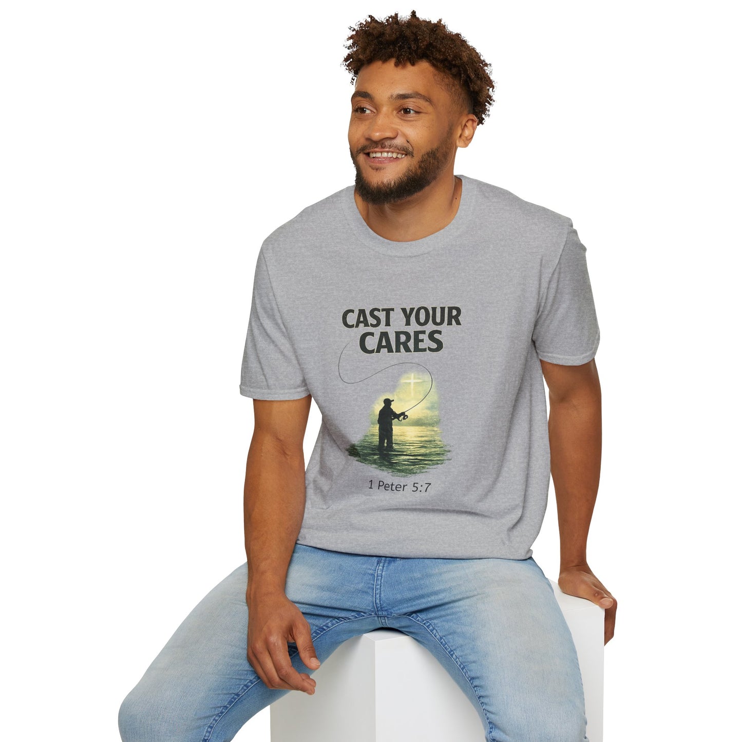 Cast Your Cares T-Shirt – Fishing Christian Graphic (1 Peter 5:7)