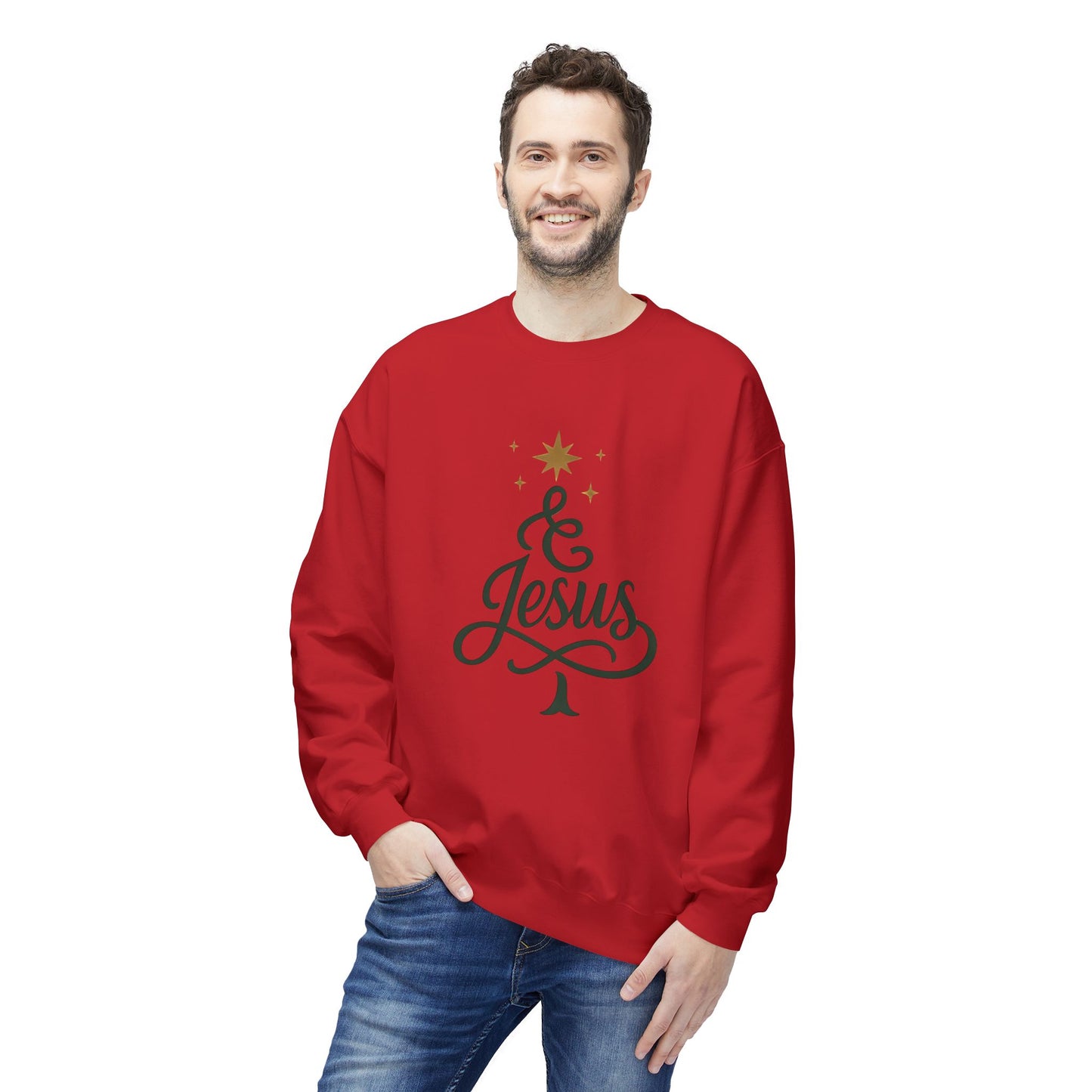 Christian Crewneck Sweatshirt — "& Jesus" Script Christmas Tree Design