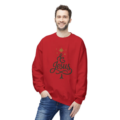 Christian Crewneck Sweatshirt — "& Jesus" Script Christmas Tree Design