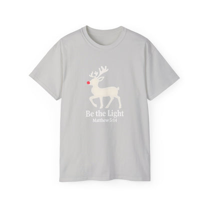 Be the Light Christmas Tee — Reindeer with Matthew 5:14 Holiday T-Shirt