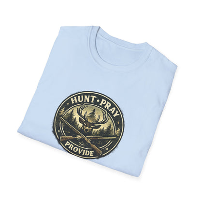 Hunt Pray Provide T‑Shirt — 1 Timothy 5:8 Hunting Faith Tee