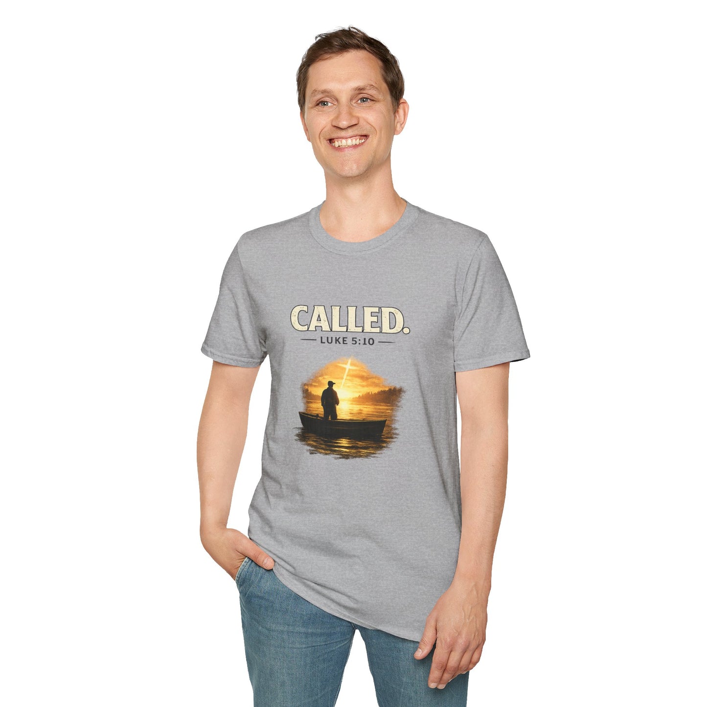 Called Luke 5:10 Fishing Christian T-Shirt — Sunset Silhouette Faith Tee