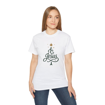 Christmas & Jesus T‑Shirt — Faith Holiday Tee with Star Tree Design