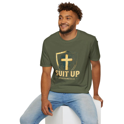 Suit Up T‑Shirt — Christian Cross Shield Tee (Ephesians 6:11)