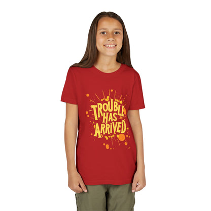 Youth Tee: "Trouble Has Arrived" - Fun, Playful Shirt for Kids, Perfect for Birthdays, Parties, Summer, Everyday Wear, Gift Ideas