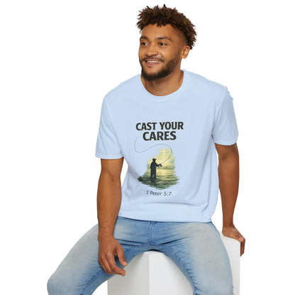 Cast Your Cares T-Shirt – Fishing Christian Graphic (1 Peter 5:7)