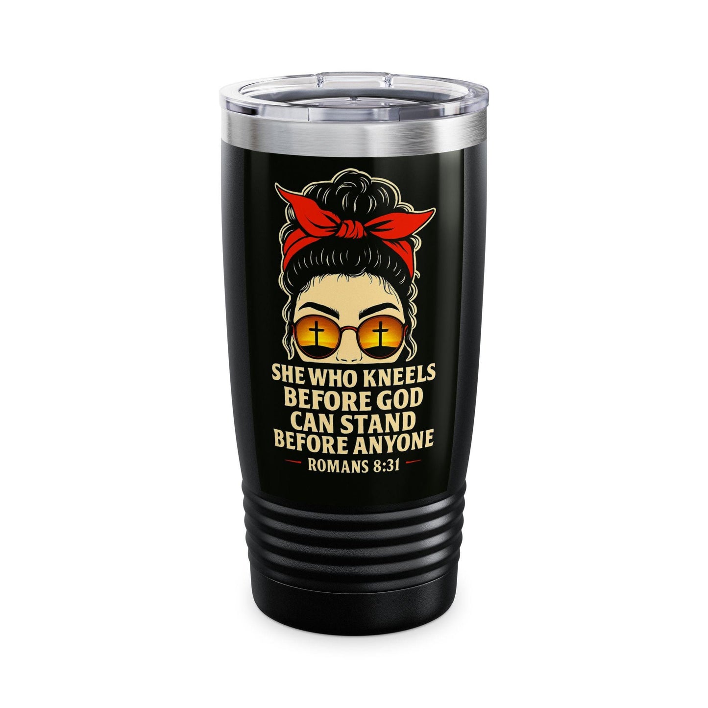 Inspirational Ringneck Tumbler, 20oz - She Who Kneels Before God Can Stand Before Anyone, Christian Gifts, Travel Mug, Motivational [...]