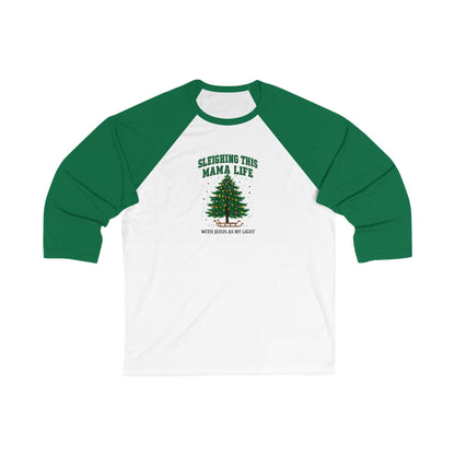Baseball Tee — "Sleighing This Mama Life" Christmas Tree Raglan