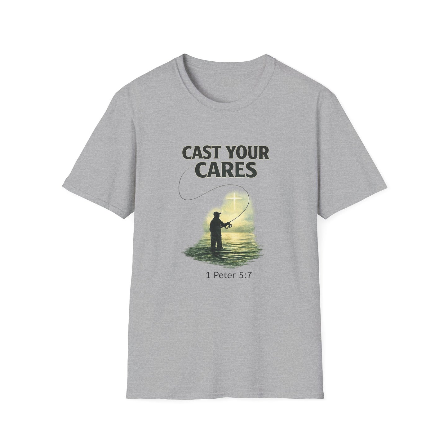 Cast Your Cares T-Shirt – Fishing Christian Graphic (1 Peter 5:7)