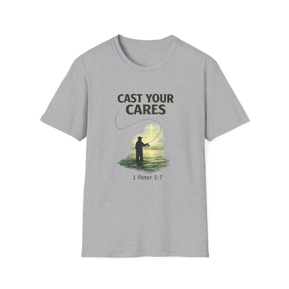 Cast Your Cares T-Shirt – Fishing Christian Graphic (1 Peter 5:7)