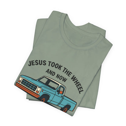 Jesus Took the Wheel Tee, Funny Christian Shirt, Shotgun Humor T-Shirt, Gift for Car Lovers, Casual Faith-Based Apparel