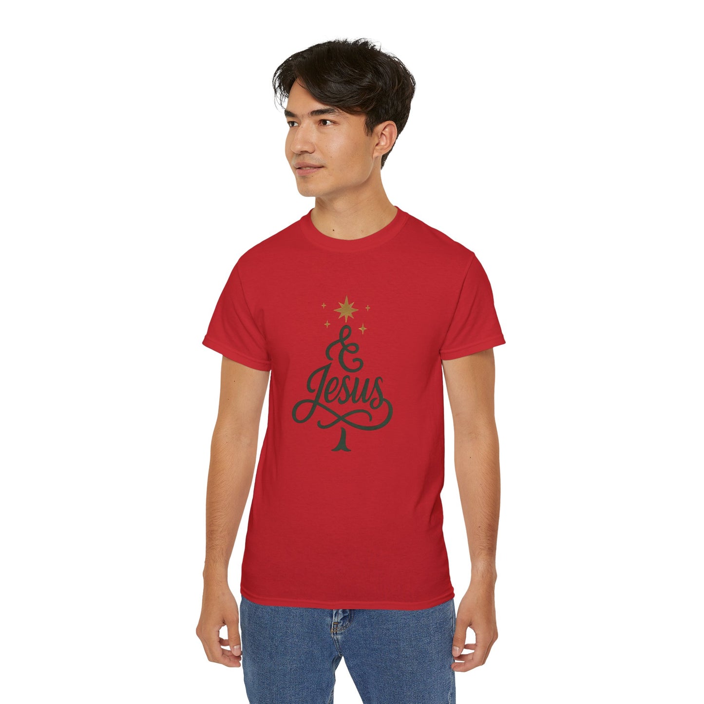 Christmas & Jesus T‑Shirt — Faith Holiday Tee with Star Tree Design