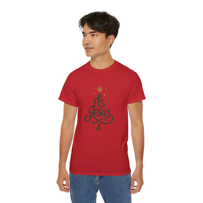 Christmas & Jesus T‑Shirt — Faith Holiday Tee with Star Tree Design