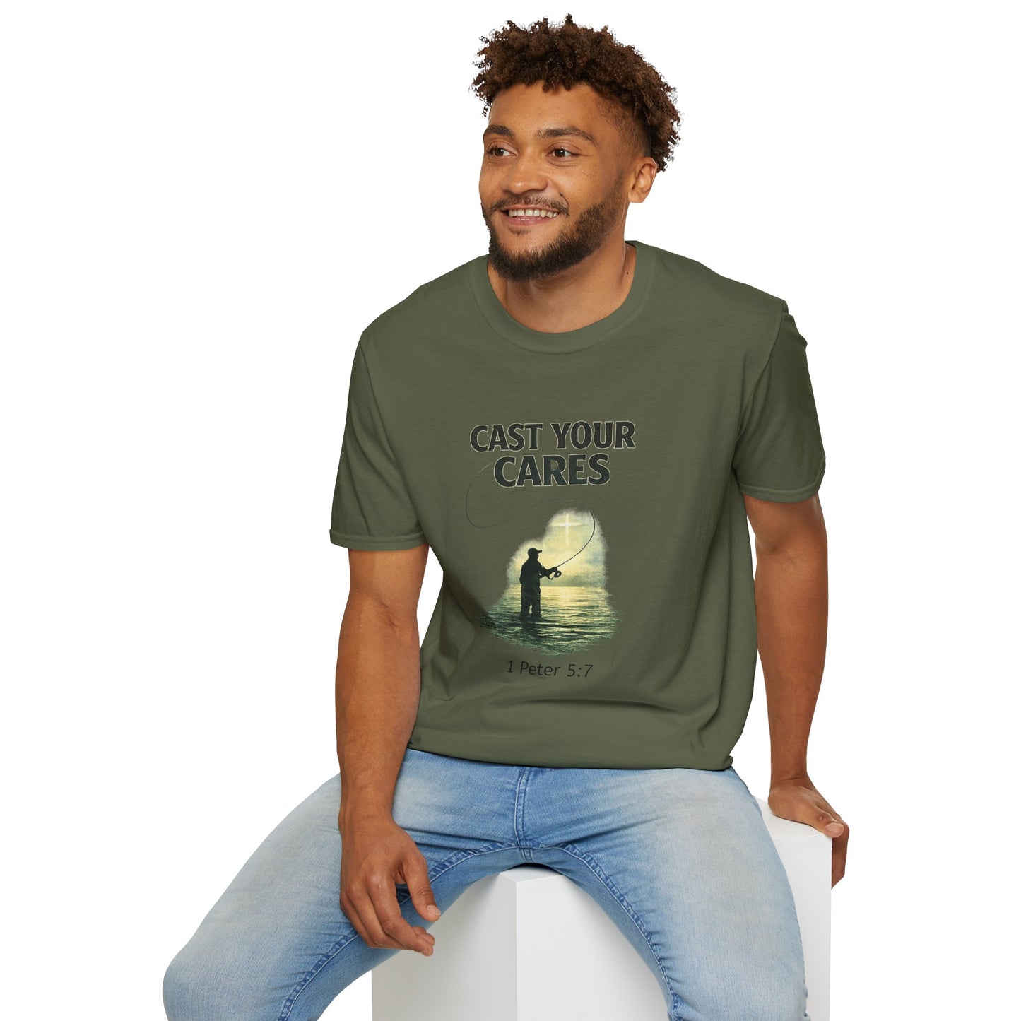 Cast Your Cares T-Shirt – Fishing Christian Graphic (1 Peter 5:7)