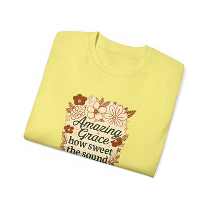 Amazing Grace Floral Unisex Ultra Cotton Tee, Vintage T-Shirt, Gift for Music Lovers, Spiritual Apparel, Heartwarming Quote Tee