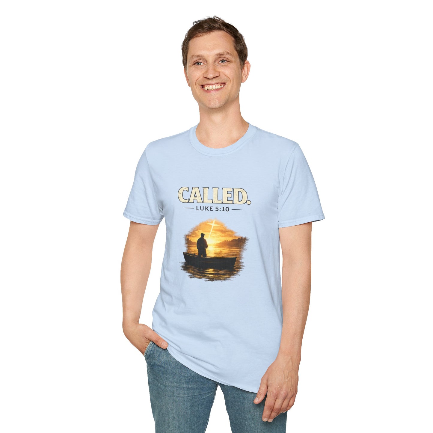 Called Luke 5:10 Fishing Christian T-Shirt — Sunset Silhouette Faith Tee