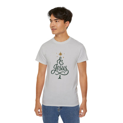 Christmas & Jesus T‑Shirt — Faith Holiday Tee with Star Tree Design