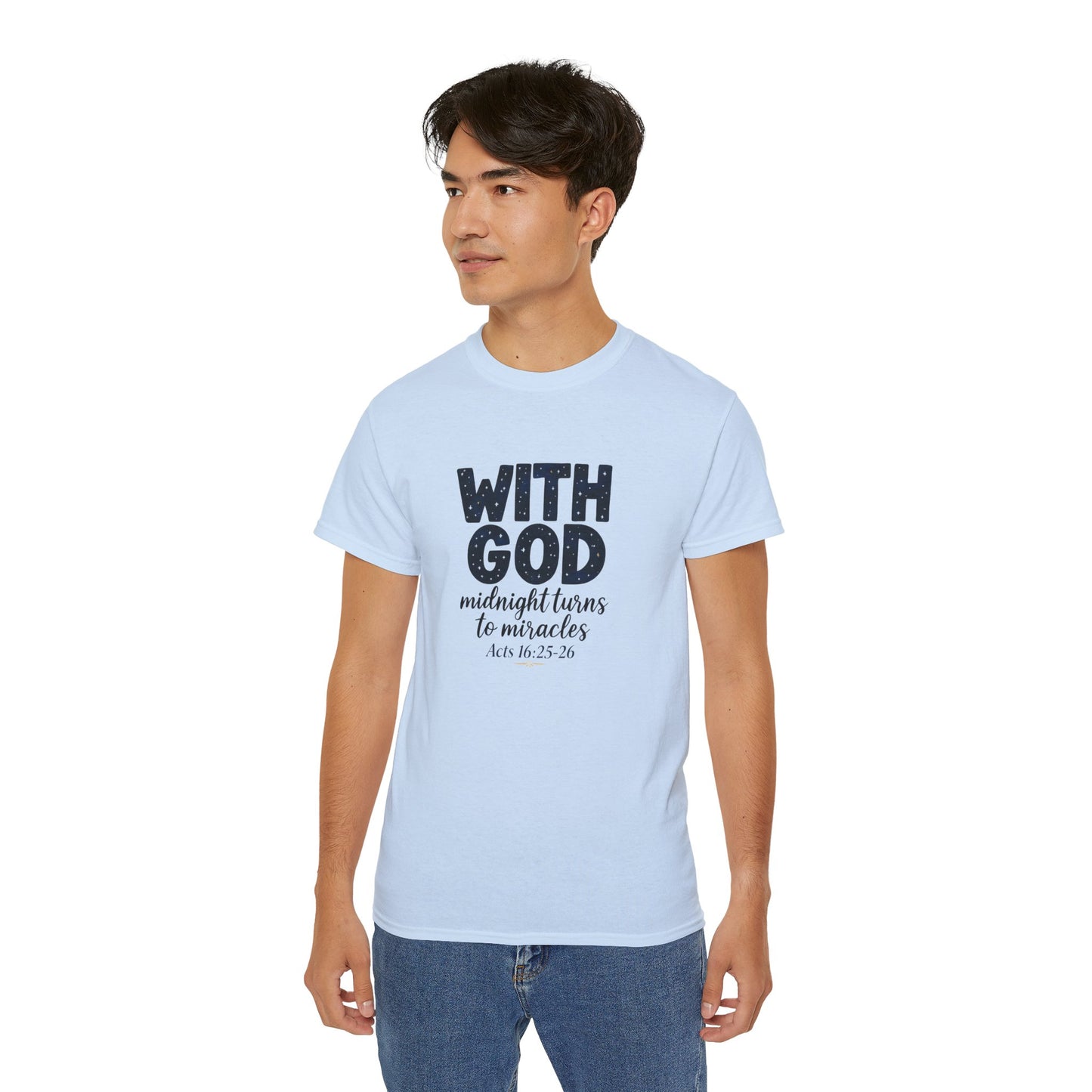 Inspirational Faith Tee - With God, Midnight Turns to Miracles, Christian T-Shirt, Gift for Church Events, Positive Vibes, Spiritual Apparel