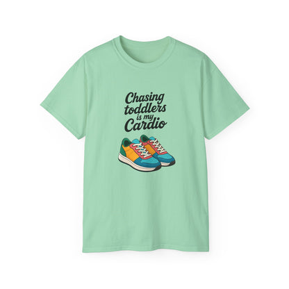 Chasing Toddlers Is My Cardio Unisex Ultra Cotton Tee, Funny Parent Shirt, Gift for Moms and Dads, Casual Wear, Toddler Parenting Humor