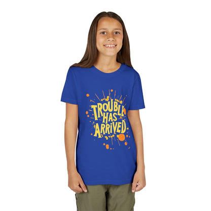 Youth Tee: "Trouble Has Arrived" - Fun, Playful Shirt for Kids, Perfect for Birthdays, Parties, Summer, Everyday Wear, Gift Ideas
