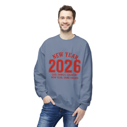 2026 New Year Crewneck Sweatshirt — "God, Family, Country" Holiday Pullover